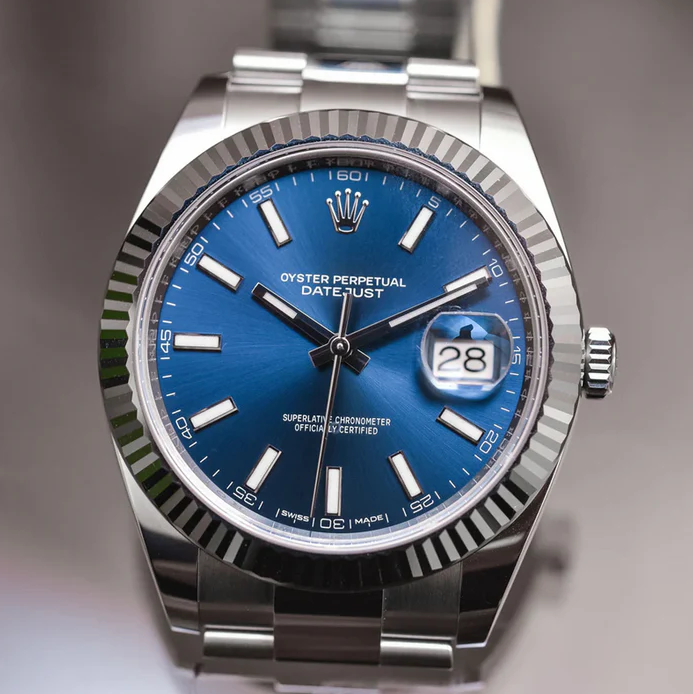 Luxury Imperial Blue Automatic Watch: 18k White Gold Bezel, Sunburst Dial, Jubilee Band