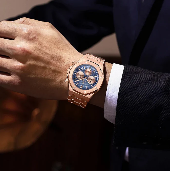 Luxurious Rose Gold Chronograph Watch: 18K Solid, Automatic Tapisserie Dial