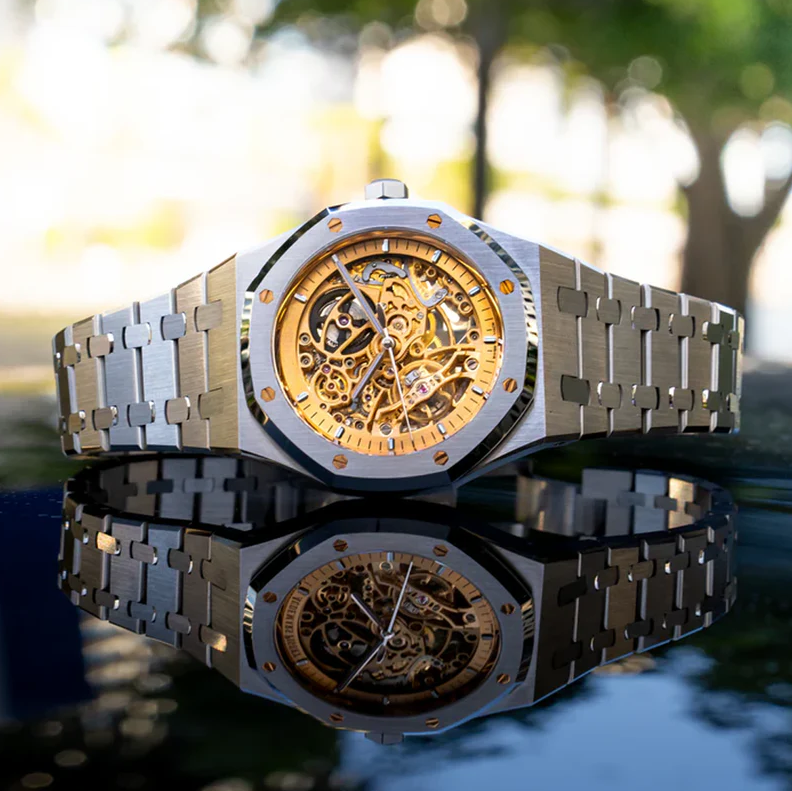 Luxury Bicolor Skeleton Automatic Watch - Rose Gold Stainless Steel Mechanical