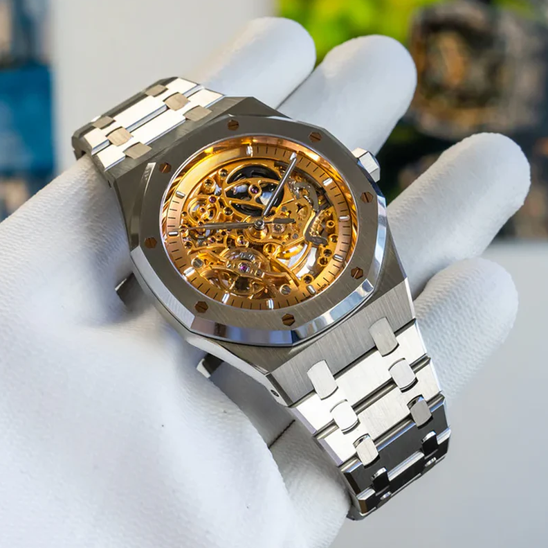 Luxury Bicolor Skeleton Automatic Watch - Rose Gold Stainless Steel Mechanical