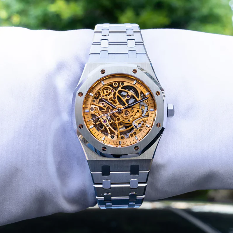 Luxury Bicolor Skeleton Automatic Watch - Rose Gold Stainless Steel Mechanical