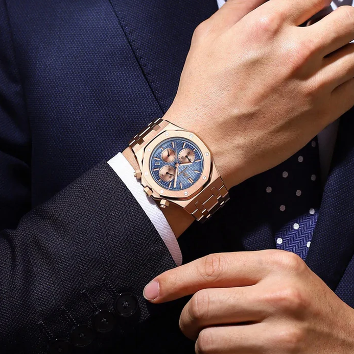 Luxurious Rose Gold Chronograph Watch: 18K Solid, Automatic Tapisserie Dial